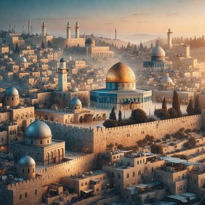 The primary subject of the image is a cityscape featuring a large, old city with a mix of old and new buildings. The setting is a city with a skyline, and the visual style is a combination of photo and digital art. The colors and mood of the image are warm and inviting, with a sense of history and architectural beauty.